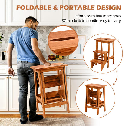 3 Tier Folding Step Stool Rubber Wood Ladder Chair with Handle