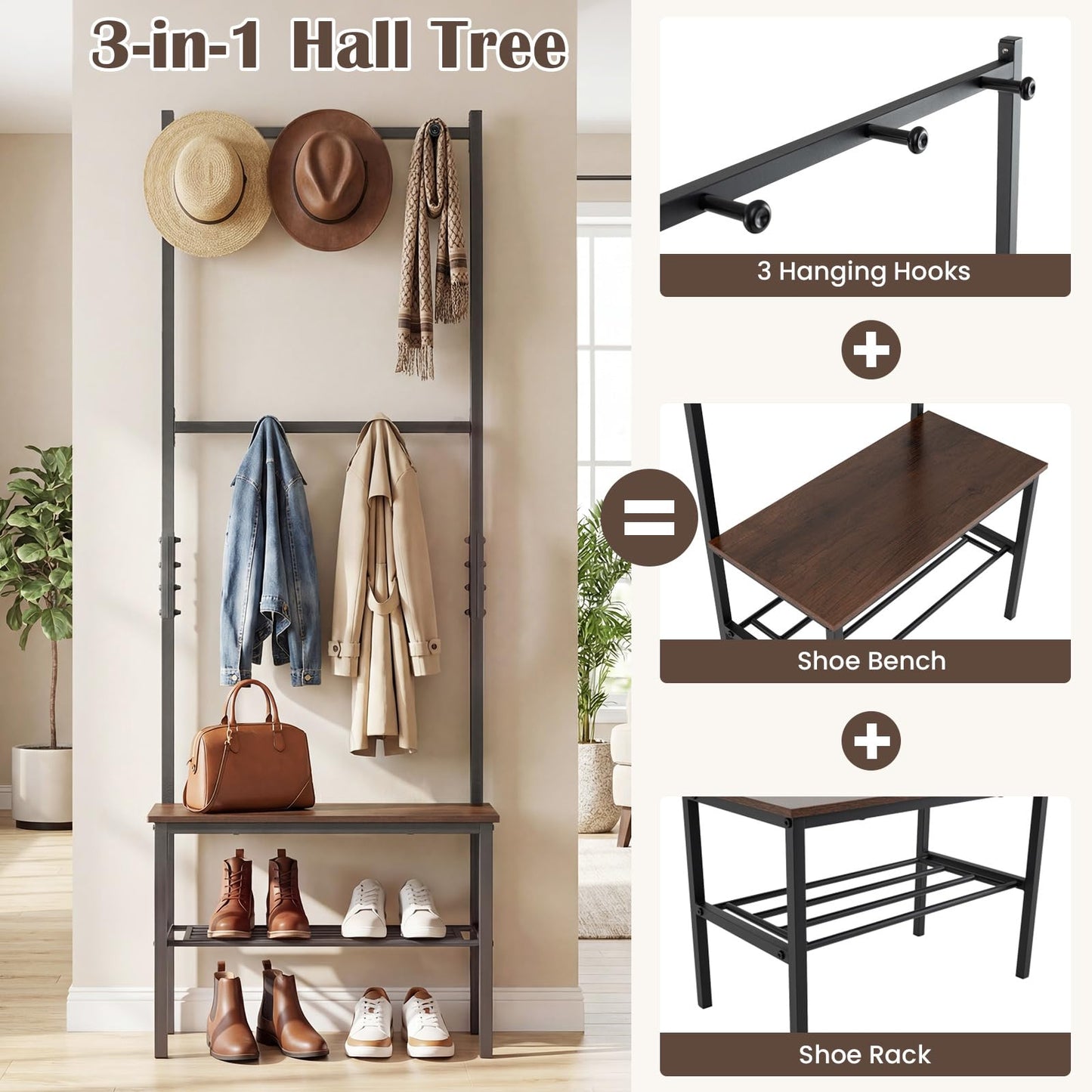 Coat Rack with Shoe Storage Bench, Freestanding Hall Tree Coat Stand with Hooks