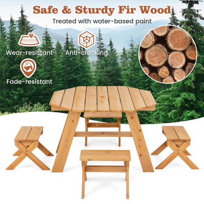 Wooden Kids Picnic Table and Benches Set with Foldable Parasol
