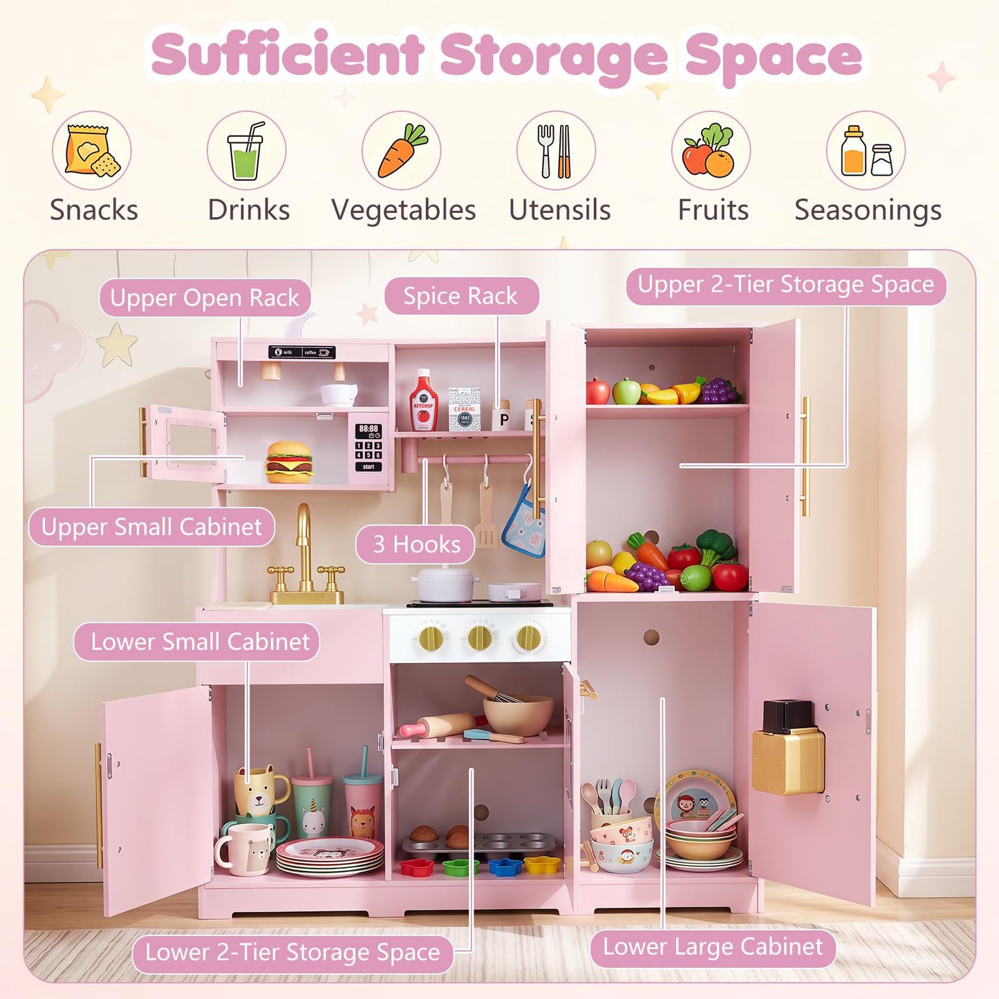 Kids Play Kitchen, Wooden Toy Kitchen with Stoves