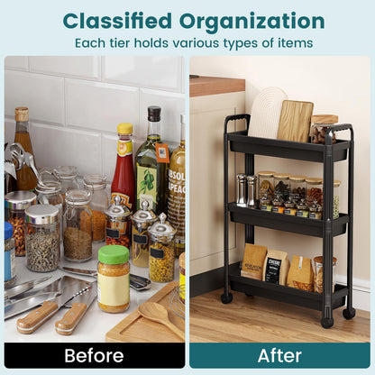 Slim Rolling Storage Cart 3/4-Tier Bathroom Organizer with Handles and Wheels