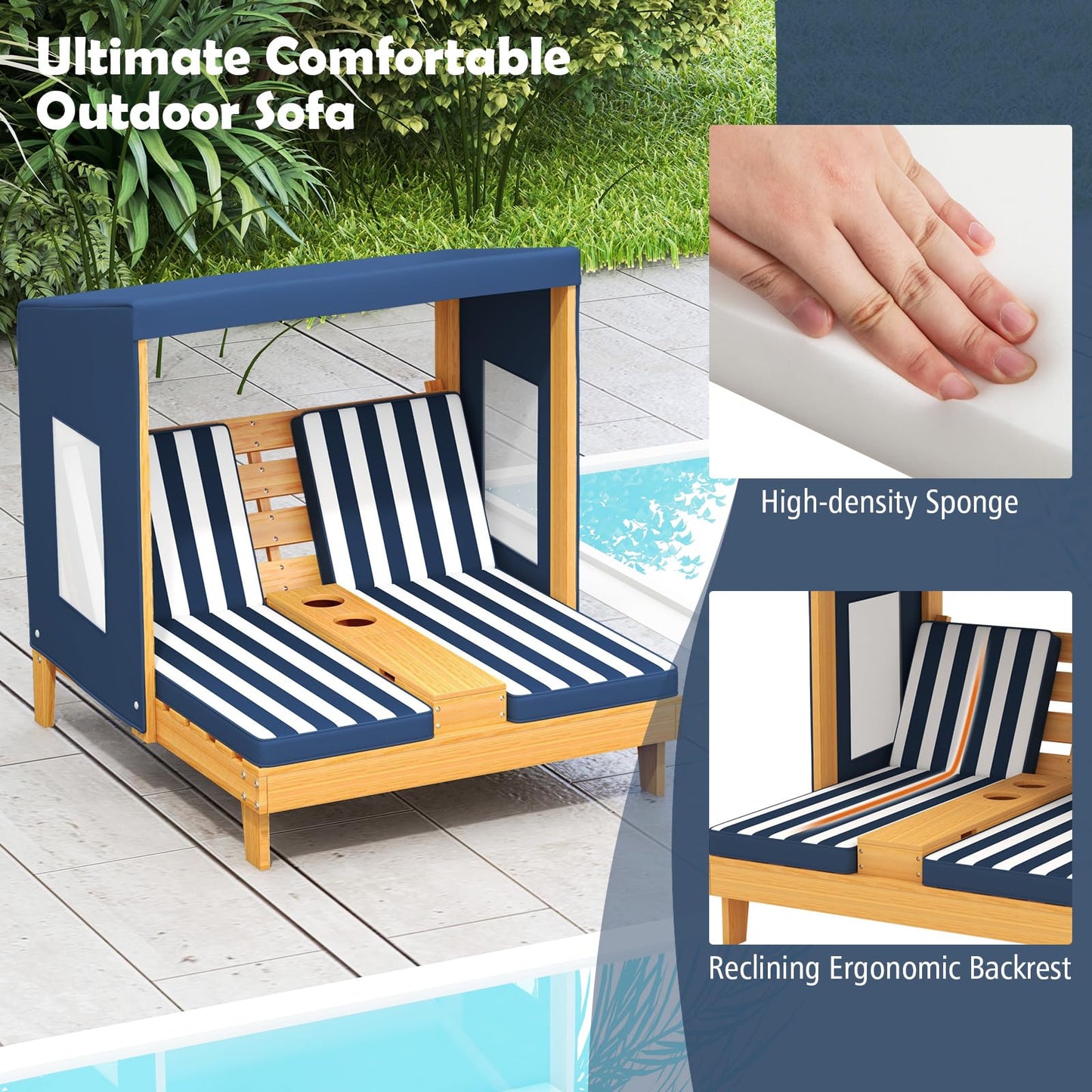 Kids Double Sun Lounger, 2-Seater Garden Lounge Chair with Canopy