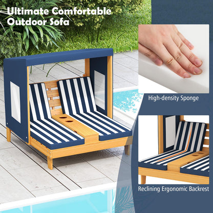 Kids Double Sun Lounger, 2-Seater Garden Lounge Chair with Canopy