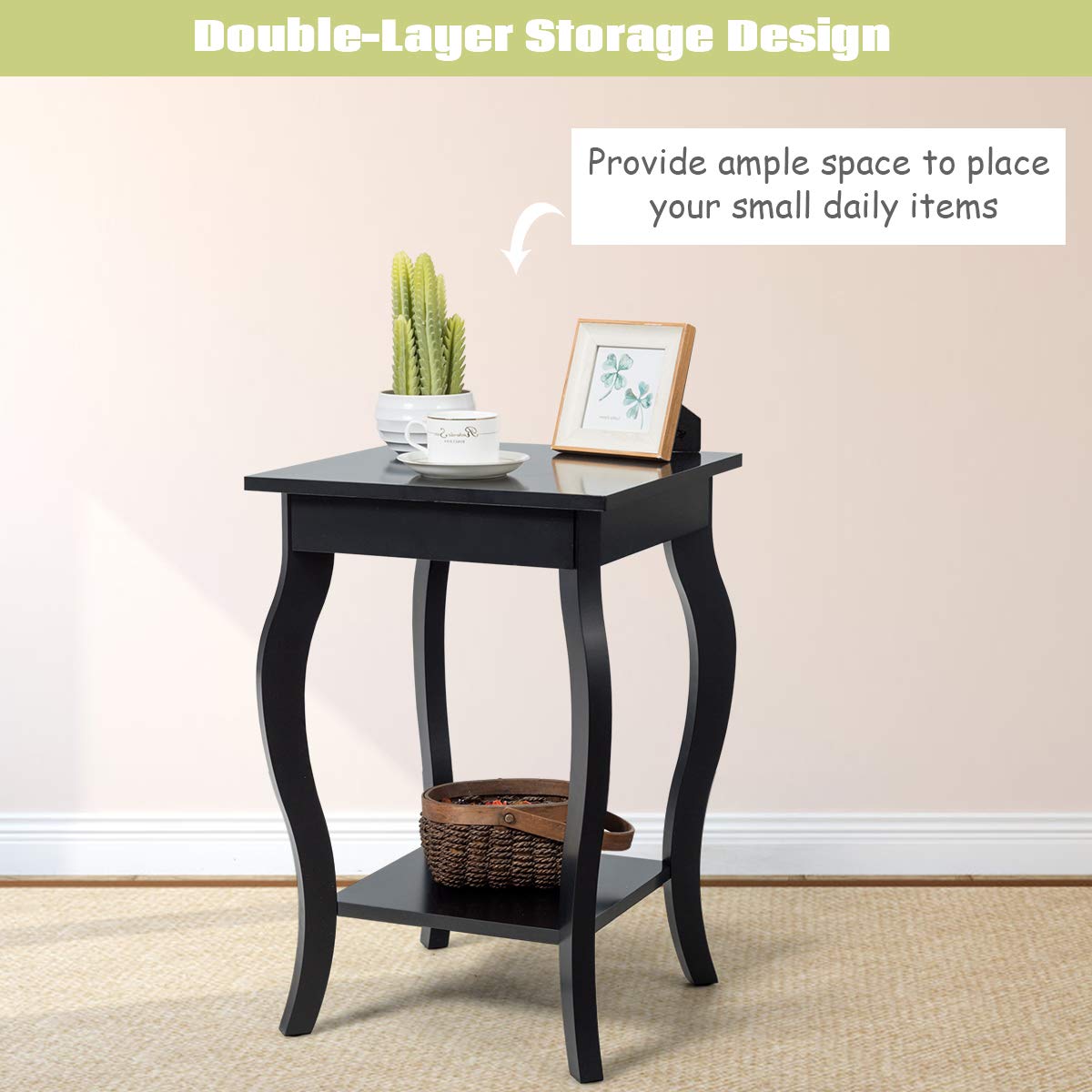Accent End Table with Elegant Curved Legs and 2-Tier Open Storage Shelves