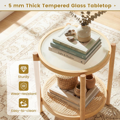 2-Tier Boho End Table with Tempered Glass Top for Living Room