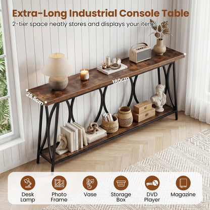 2-Tier Console Table, 180cm Long Industrial Narrow Entryway Table