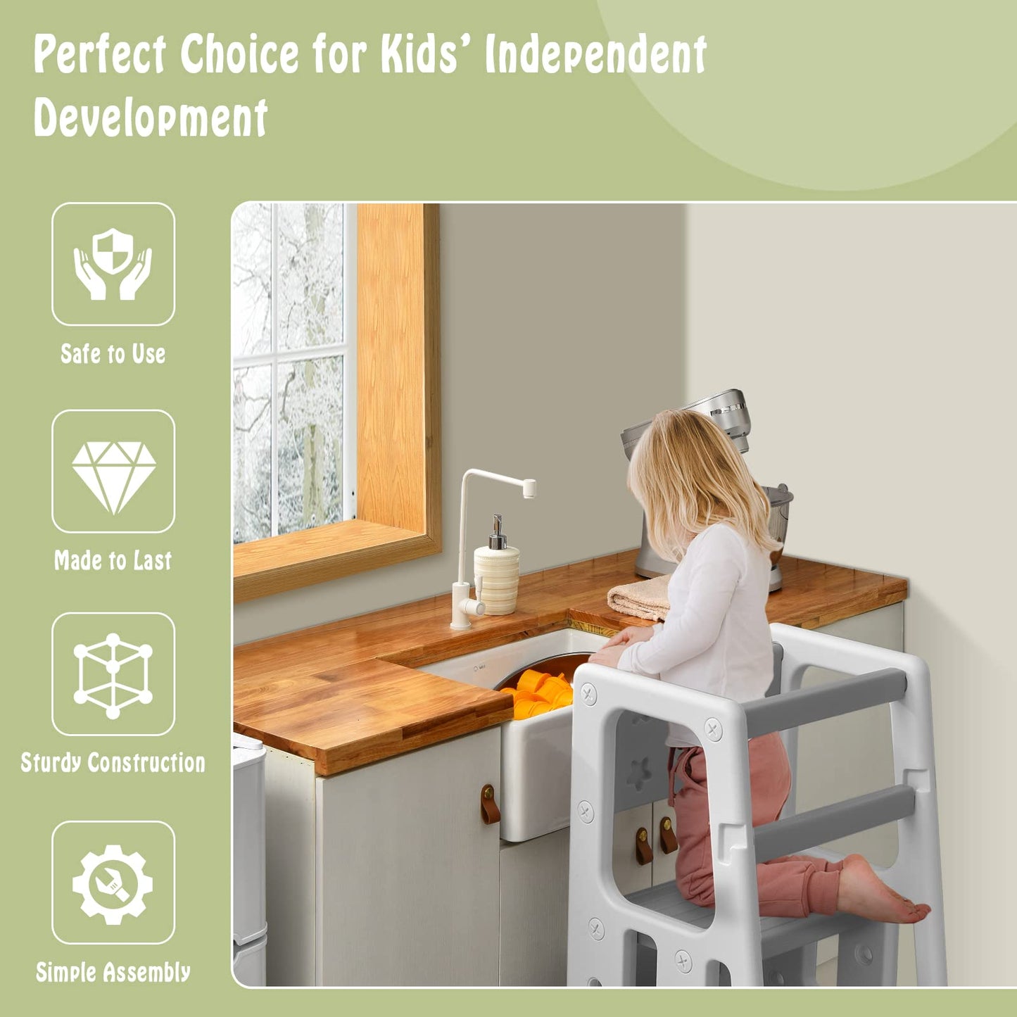 Height Adjustable Toddlers Kitchen Helper Stand with Double Safety Rails