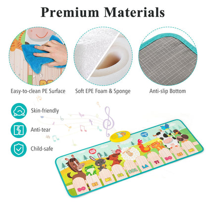 Kids Musical Animal Farm Mat with 10 Piano Keys and 10 Built-in Songs