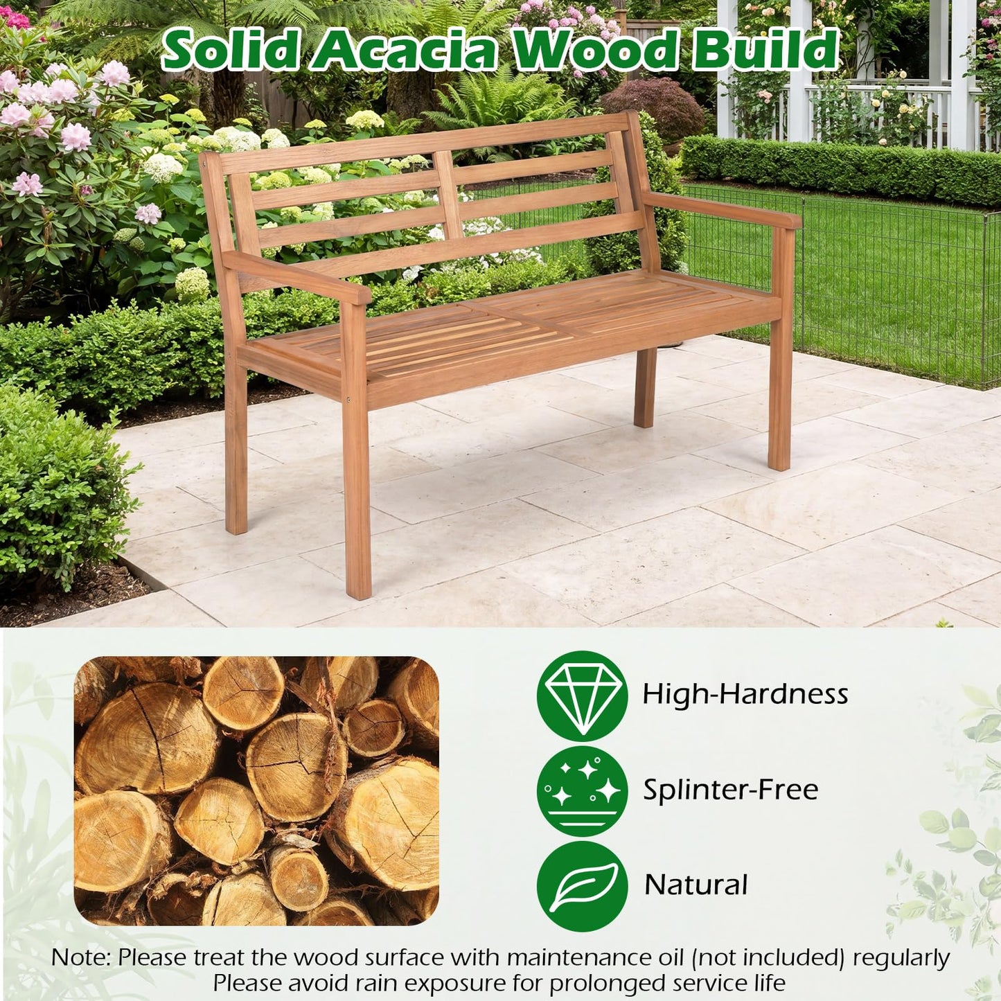 119 cm 2-Person Outdoor Loveseat Bench with Armrests and Backrest for Backyard