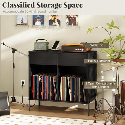 Record Player Stand with Power Outlets and Drawers for Living Room