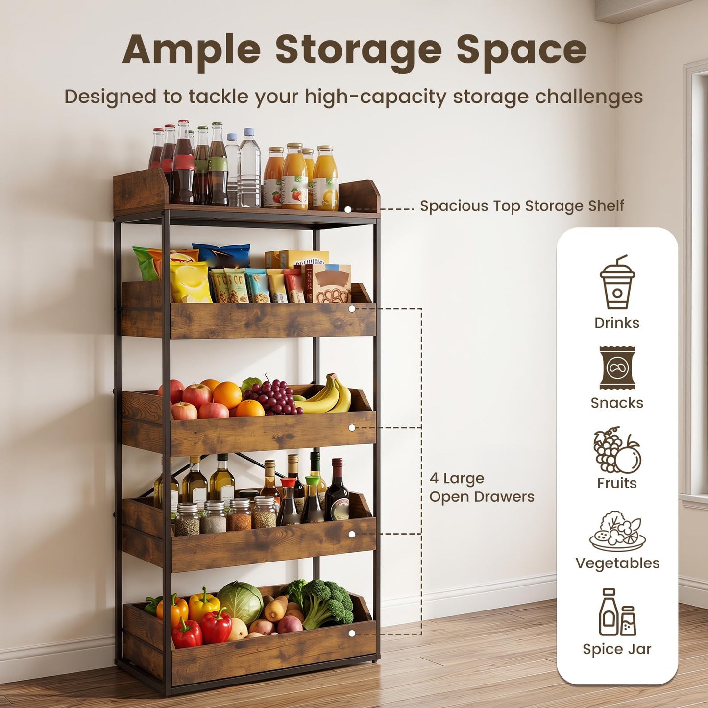 5-Tier Food Storage Rack Retail Snack Display Shelf with 4 Pull-out Drawers