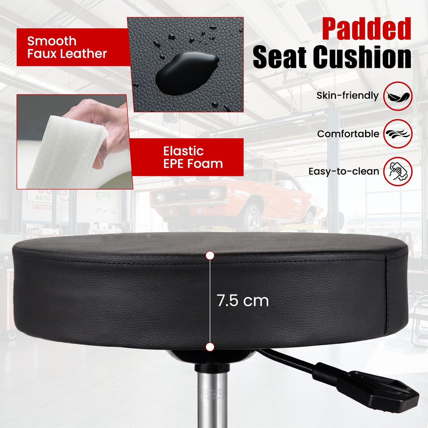 Height-Adjustable Rolling Mechanic Stool with Cushioned Seat Tool Tray for Repair Shop