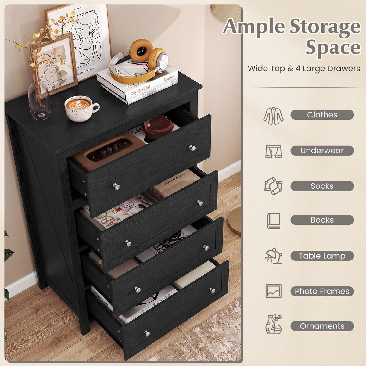 110cm Tall Storage Cabinet Chest of Drawers Clothes Organizer with 4 Drawers
