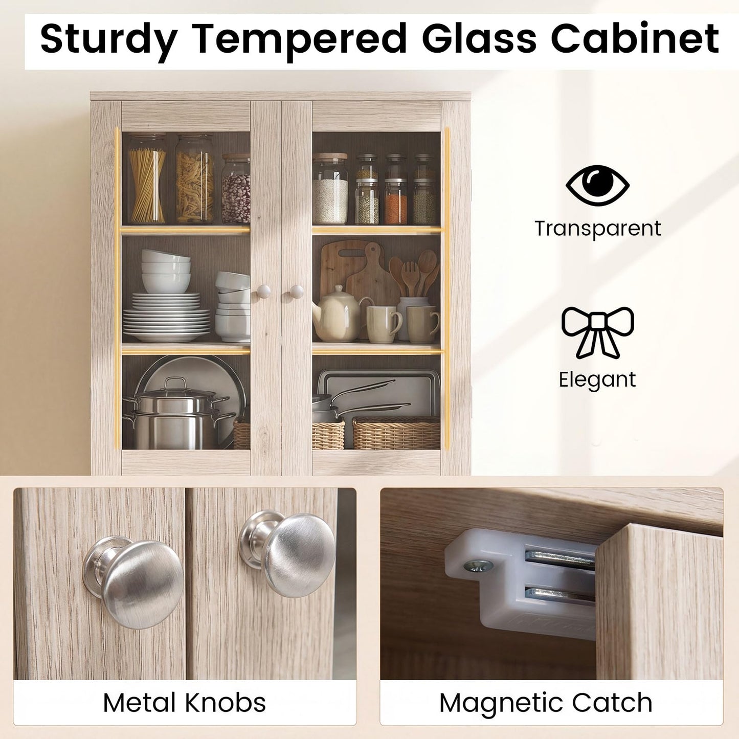 Kitchen Pantry Storage Cabinet with Glass Doors and Storage Shelves