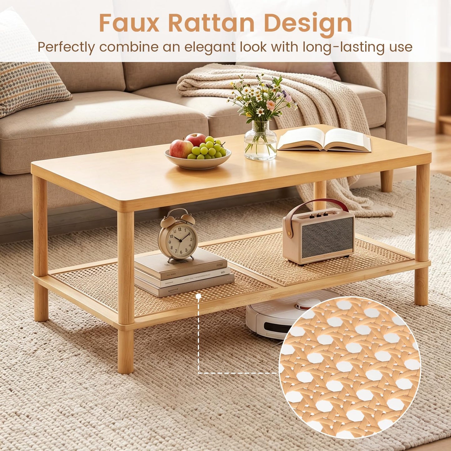 2-Tier Rattan Coffee Table with Storage Shelf, Rubber Wood Frame