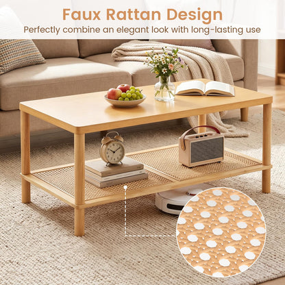 2-Tier Rattan Coffee Table with Storage Shelf, Rubber Wood Frame