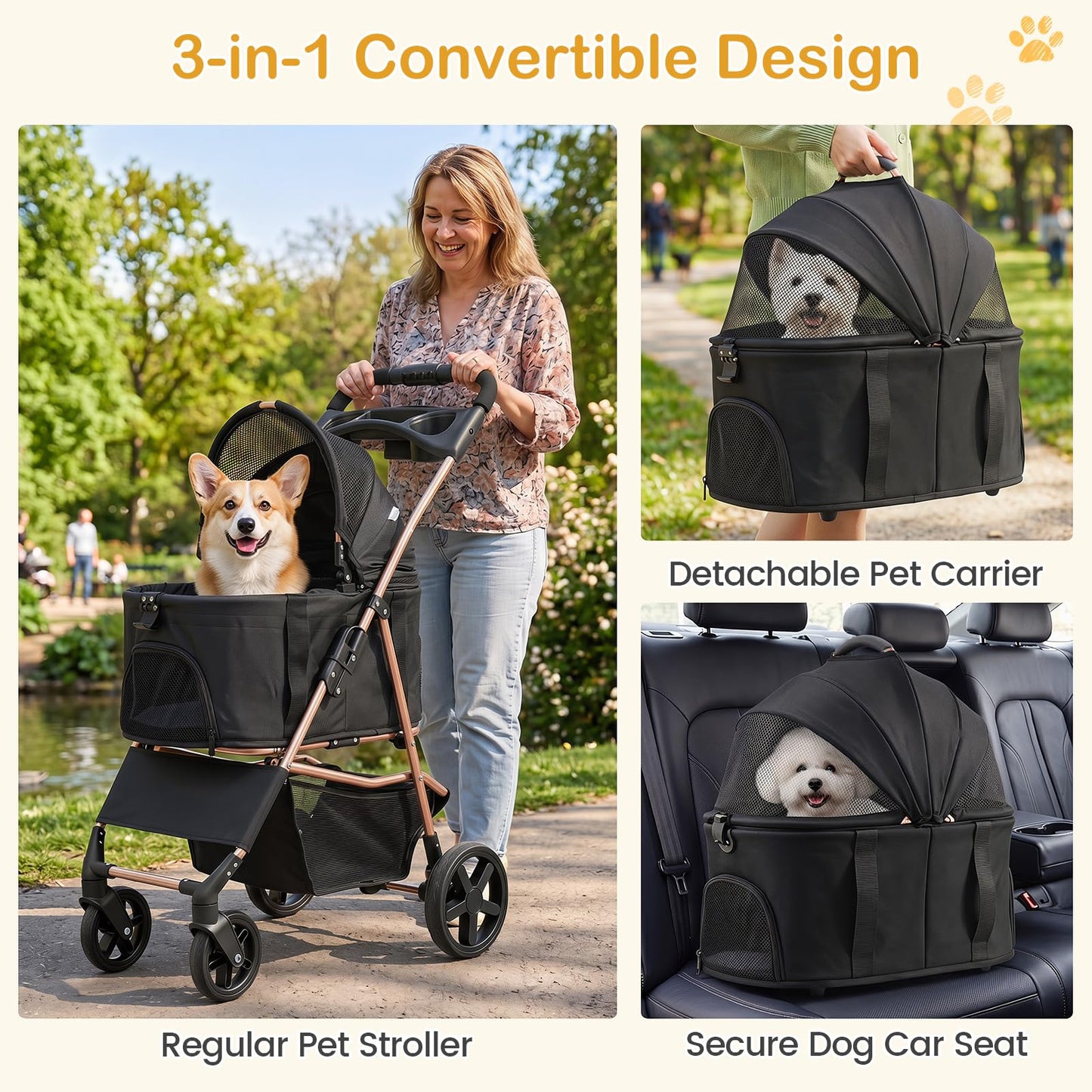 3-in-1 Pet Stroller, Foldable Dog Pushchair