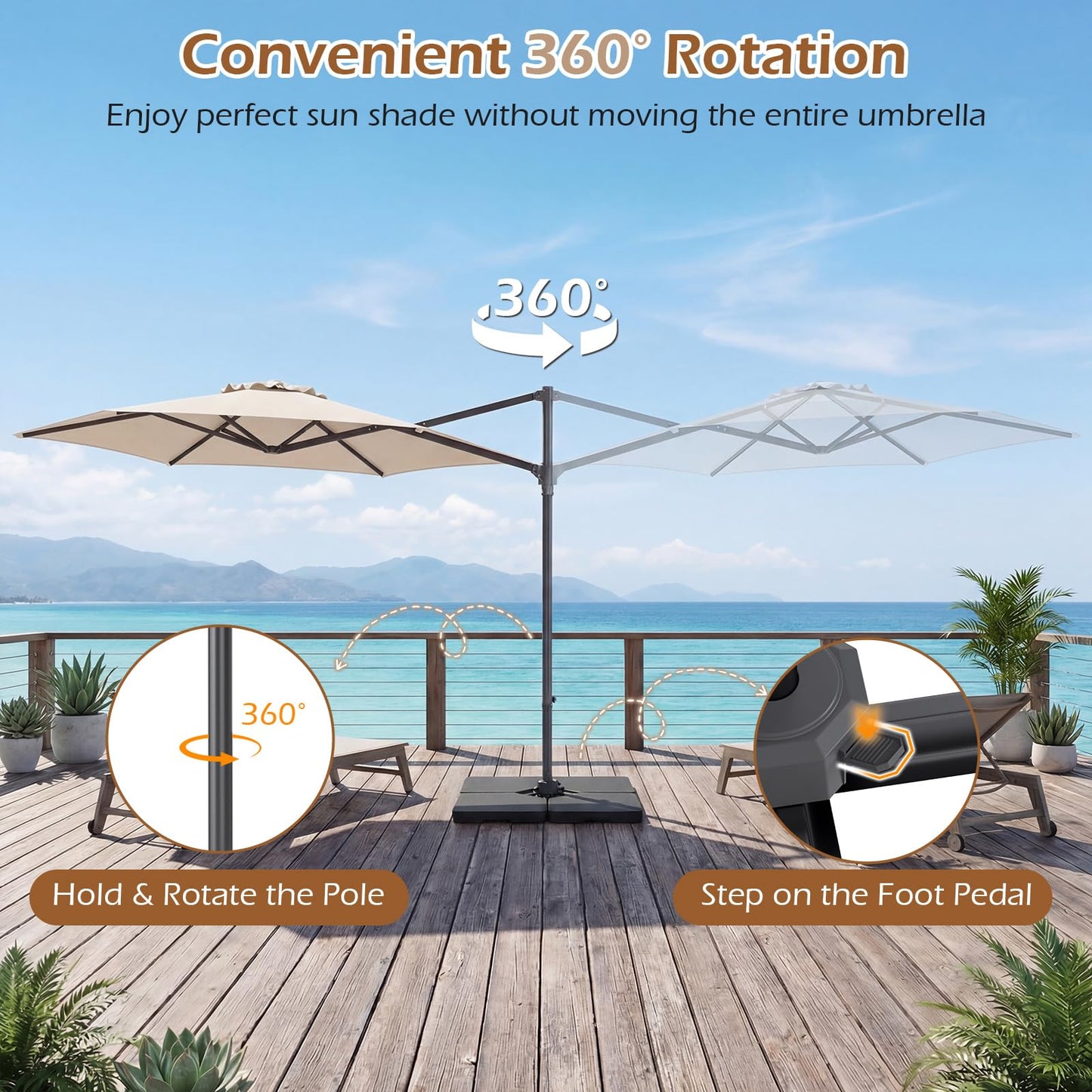 292cm Patio Cantilever Umbrella Large Offset Hanging Umbrella with 360° Rotation
