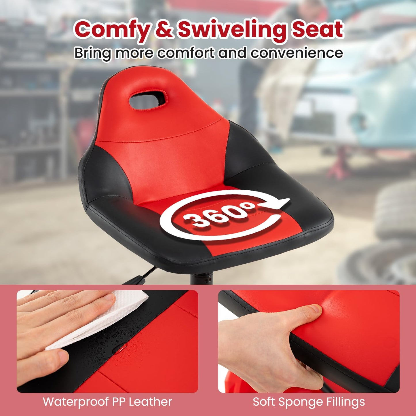 Mechanic Stool on Wheels with 71-83 cm Adjustable Height and Tool Tray Storage