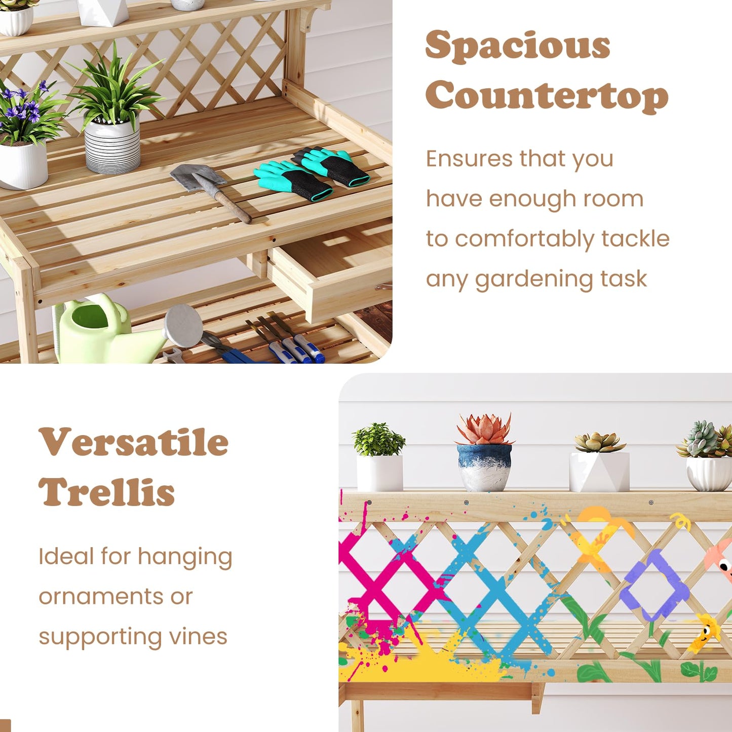 Garden Potting Bench Table with Lattice Trellis and Removable Drawer
