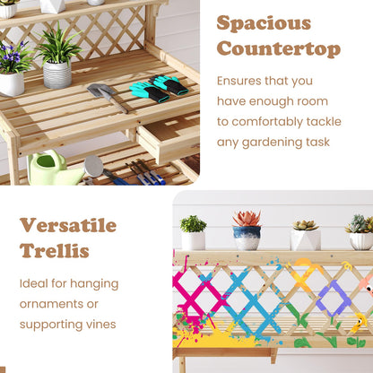 Garden Potting Bench Table with Lattice Trellis and Removable Drawer