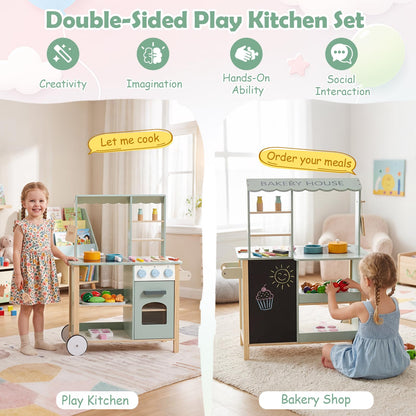 Kids Play Kitchen, Wooden Toy Kitchen with Stoves, Oven, Chalkboard