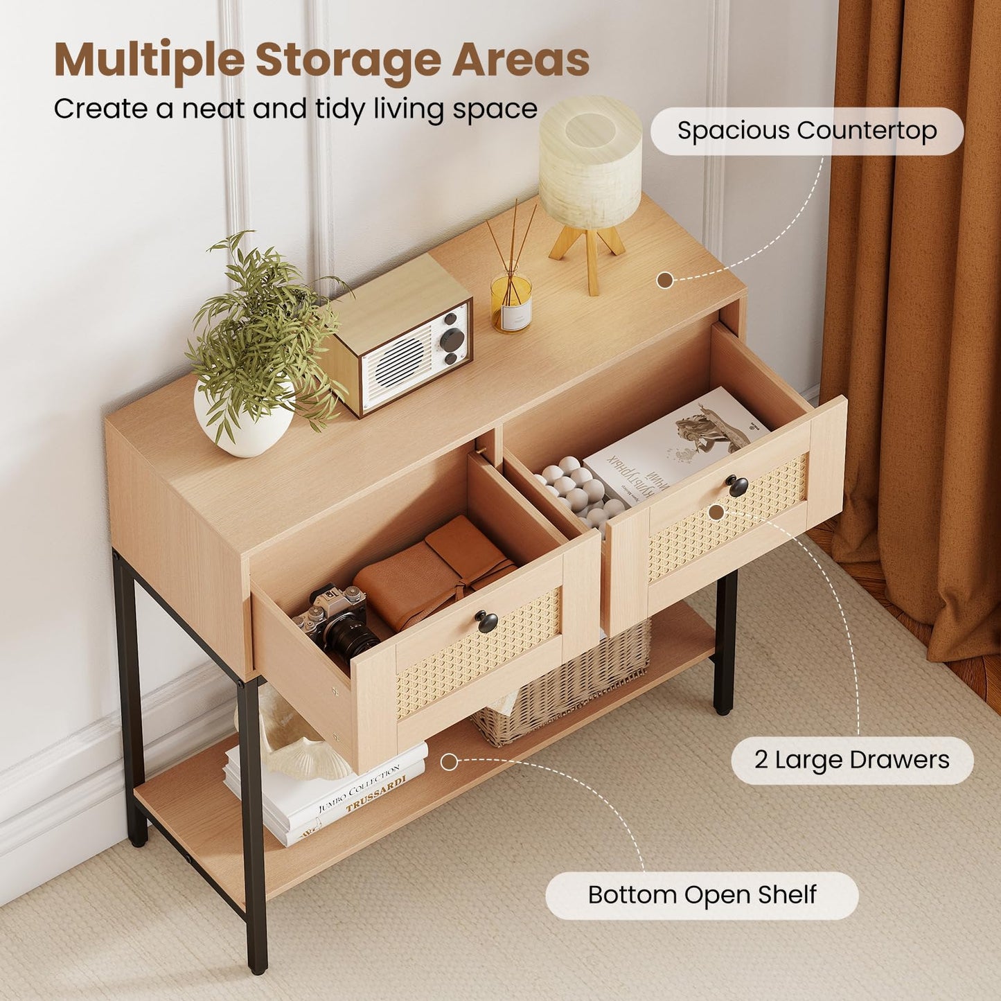 80 CM Boho Console Table with 2 Drawers and Bottom Shelf