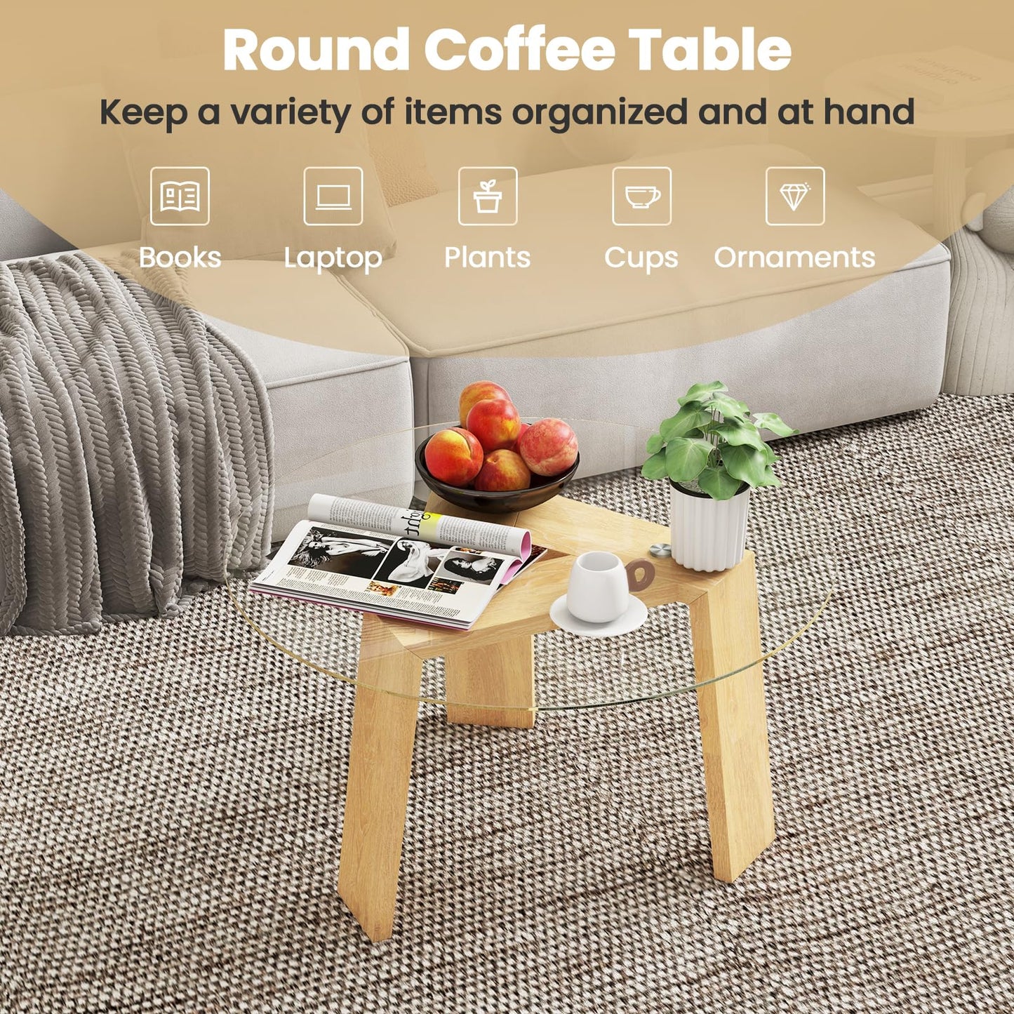 Round Coffee Table with Rubber Wood Tripod Support Frame