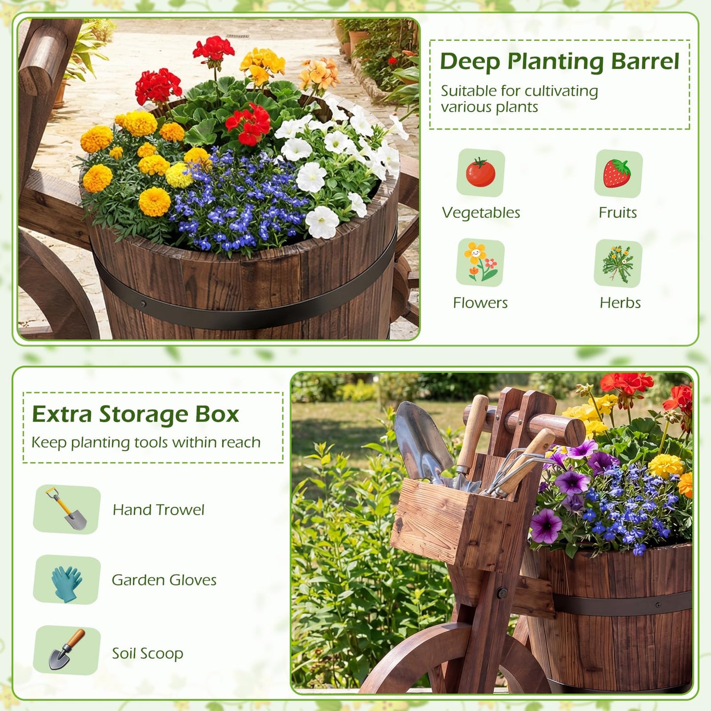 Wooden Wagon Planter, Tricycle Garden Planter with Drainage Hole