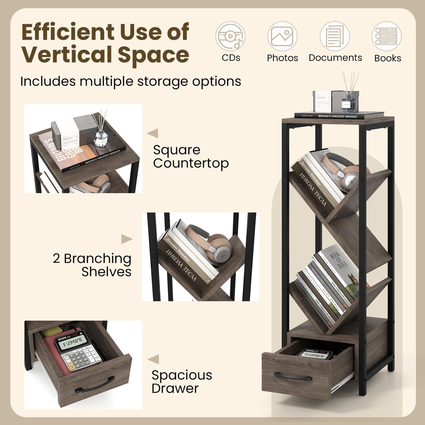 4 Tier Floor Standing Storage Organizer Tree Bookshelf with Drawer