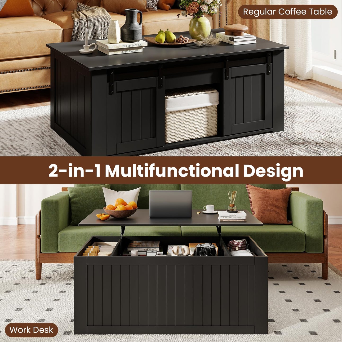Lift Up Top Coffee Table, 120cm Farmhouse Tea Table
