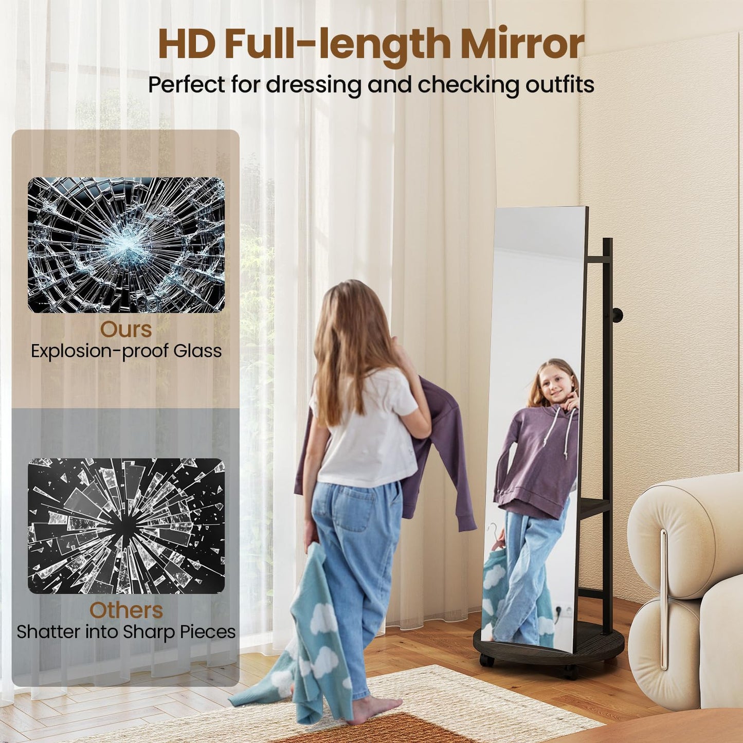 Coat Rack with Full Length Mirror Freestanding Coat Tree with 3 Hooks