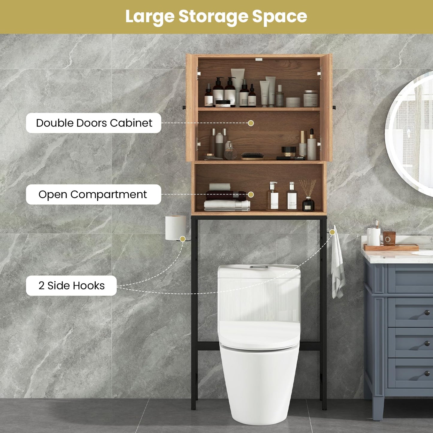 Over The Toilet Storage Cabinet with 2 Doors and Adjustable Shelf