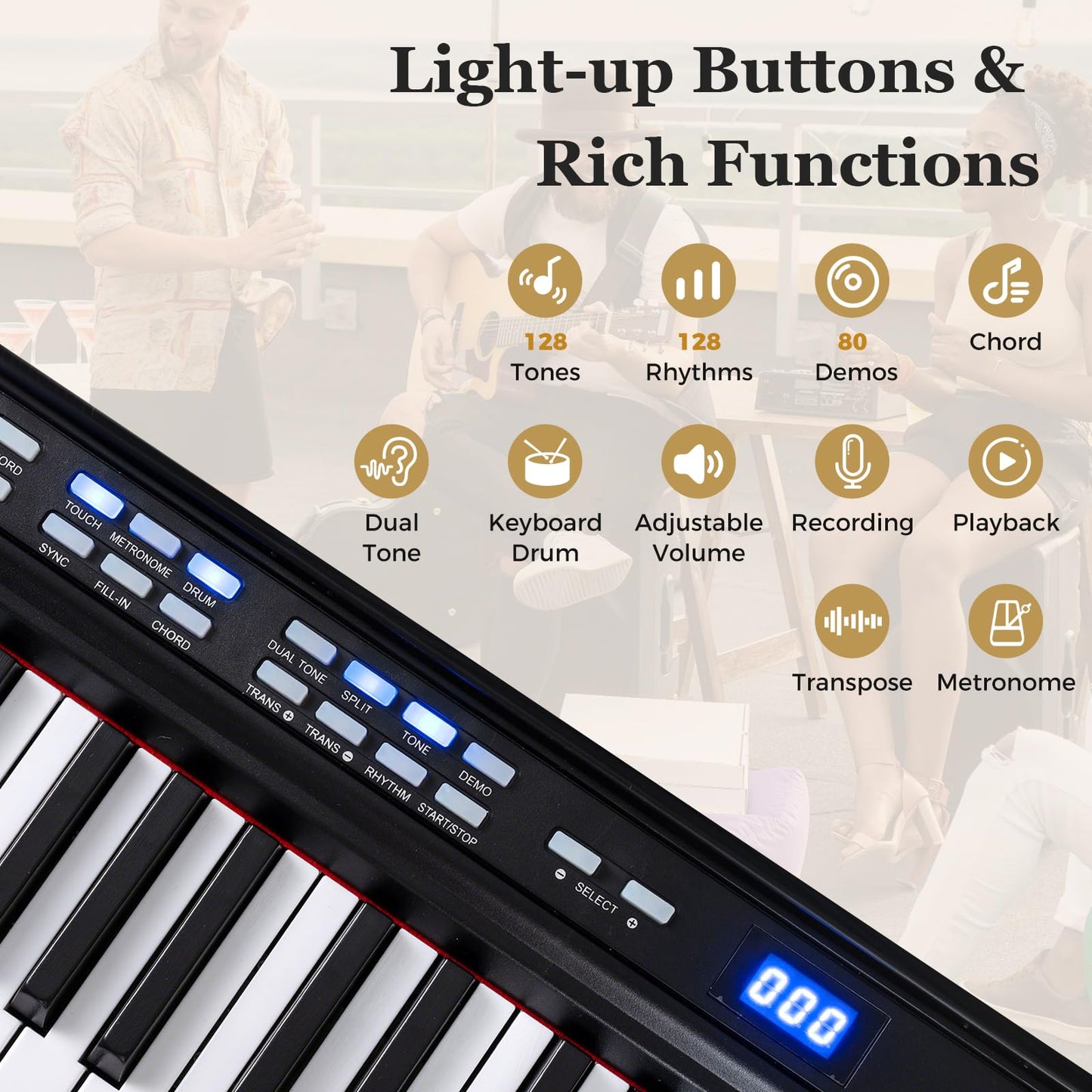Full Size Electric Piano with Adjustable Stand & Stool, Light-up Keys and Buttons, MIDI Function