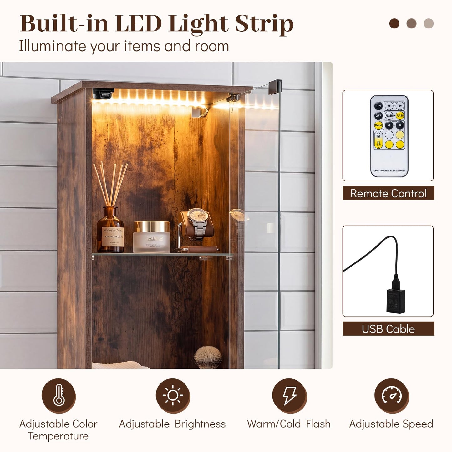 Tall Bathroom Cabinet with Lights Remote Control Open Shelves and Adjustable Shelves