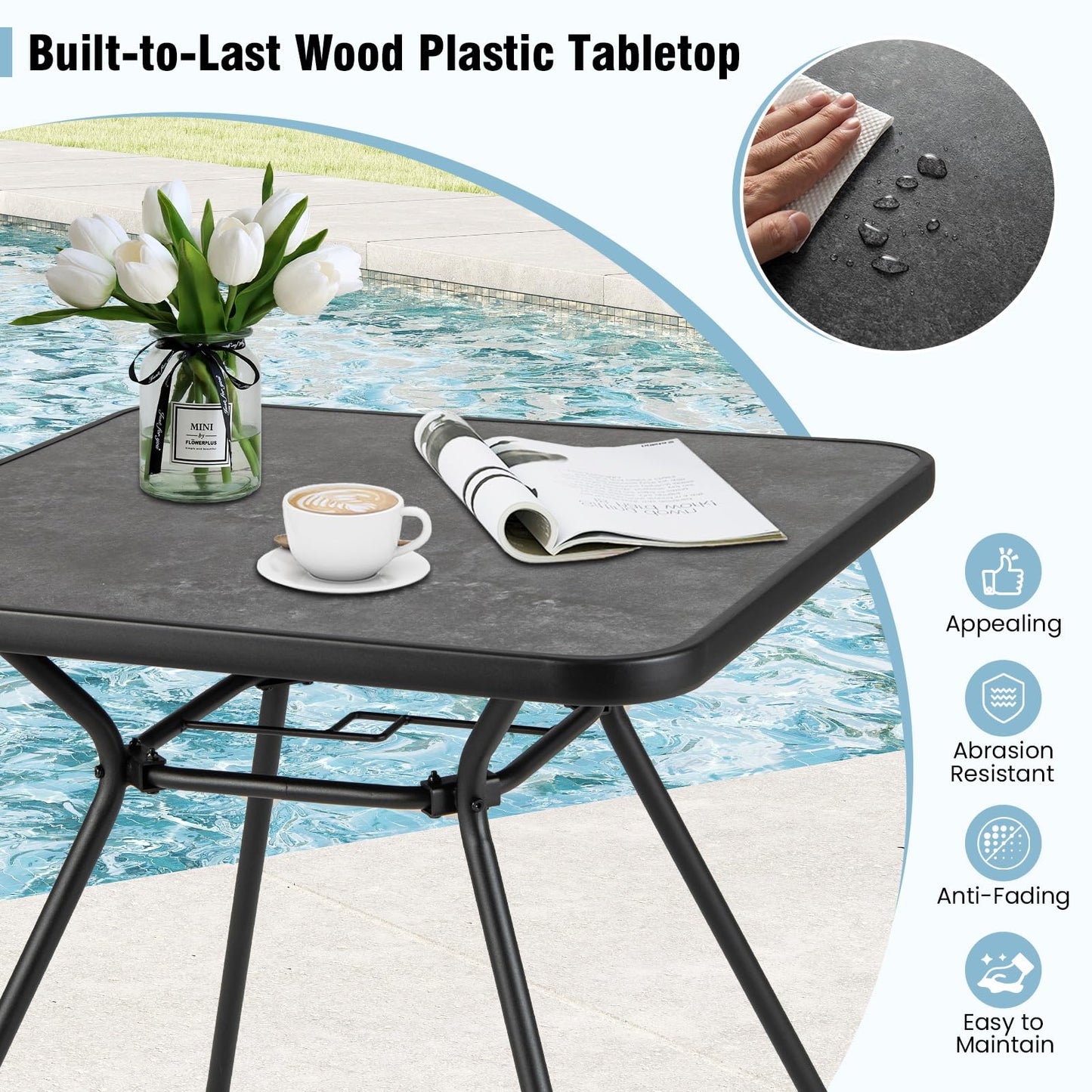 80 x 80 cm Patio Dining Table for 4 Persons with Faux Marble Top