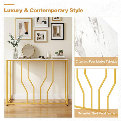 110 cm Gold Console Table Entryway Table with Faux Marble Tabletop