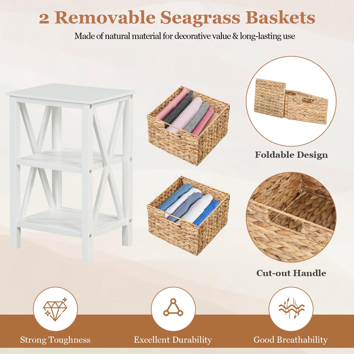 Sofa Side Table with Seagrass Baskets and Rubber Wood X-Shaped Frames and Acacia Wood Legs
