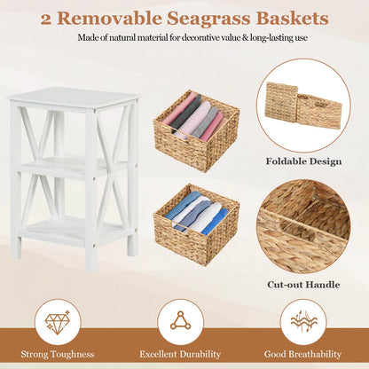 Sofa Side Table with Seagrass Baskets and Rubber Wood X-Shaped Frames and Acacia Wood Legs