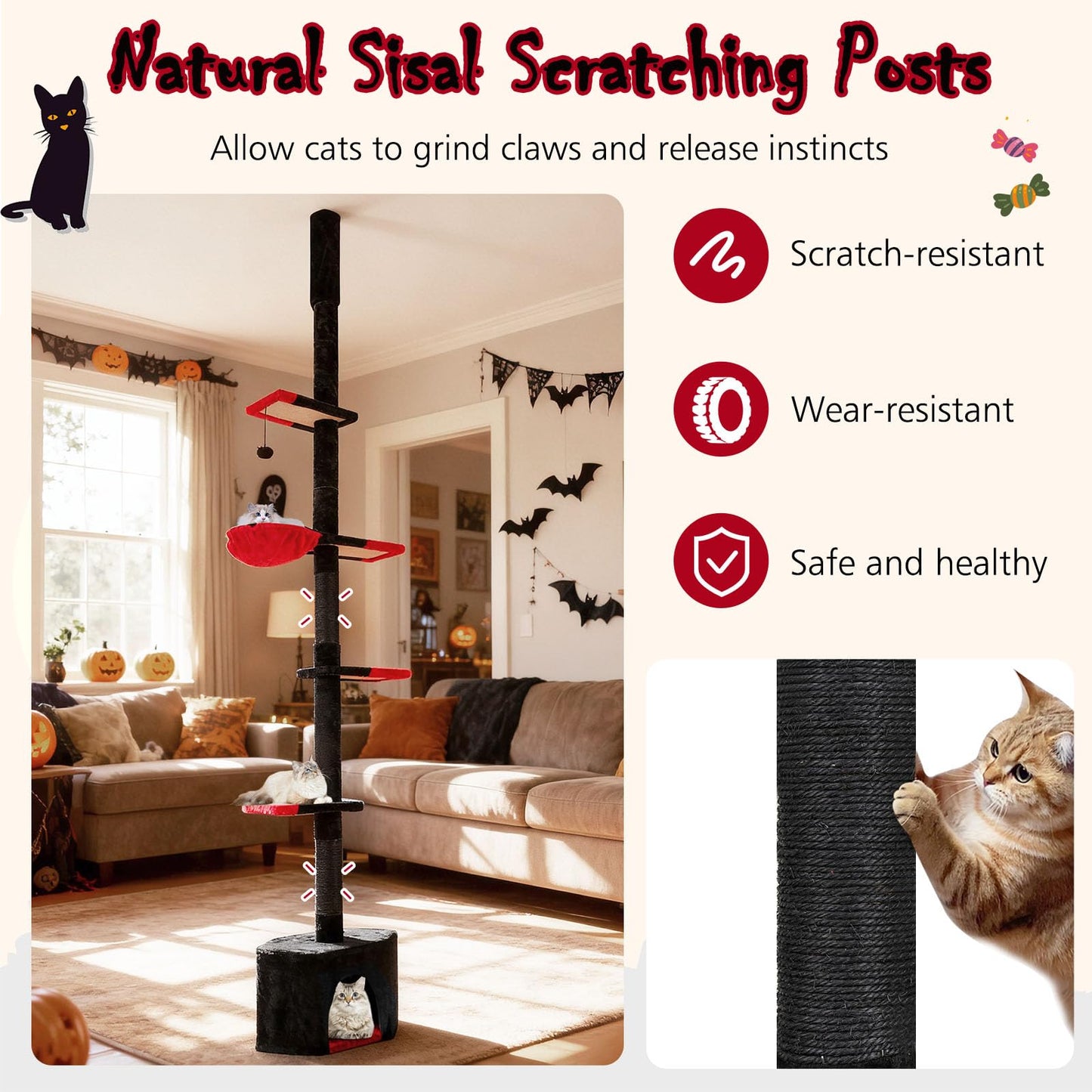Floor to Ceiling Cat Tree, 5 Tier Tall Cat Tower with 245-300cm Adjustable Height