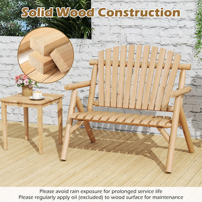2-PersonLog Wood Patio Bench with Slatted Backrest Built-in Armrest and Curved Seat