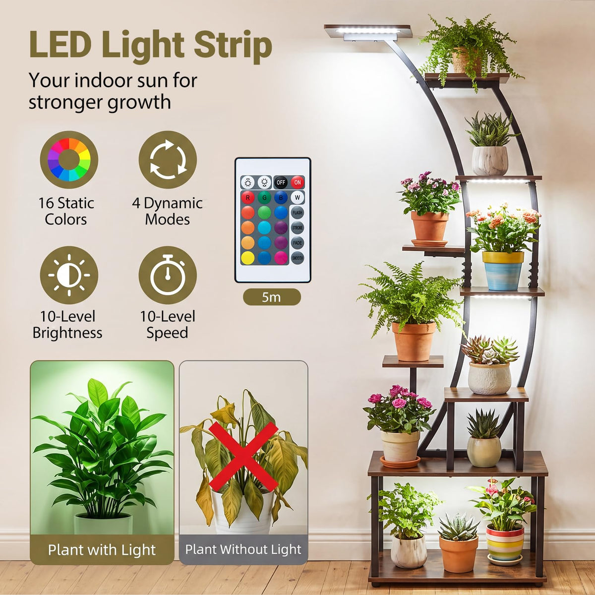 Plant Stand with Grow Lights, 161cm Tall 9-Tier Corner Metal Plant Shelf Flowerpot Holder