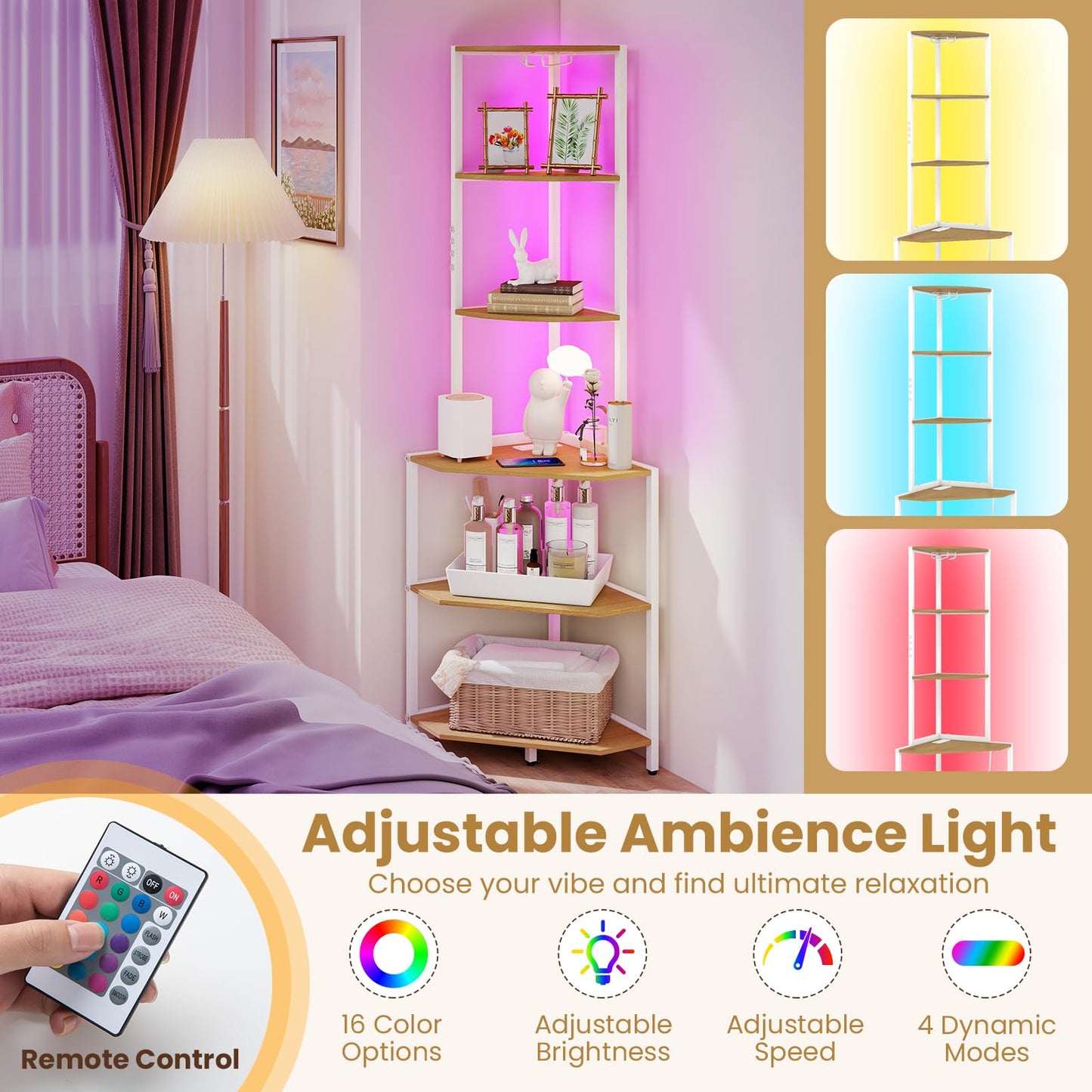 6-Tier Corner Shelf with 16 Color LED Lights