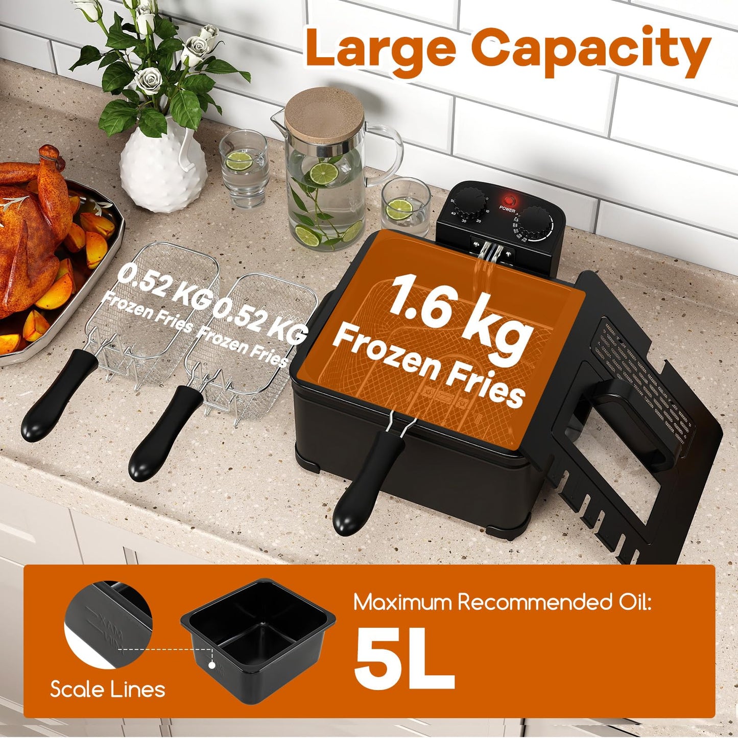 3L/5L Deep Fat Fryer, 2000W Electric Deep Fryer with 1/3 Removable Basket