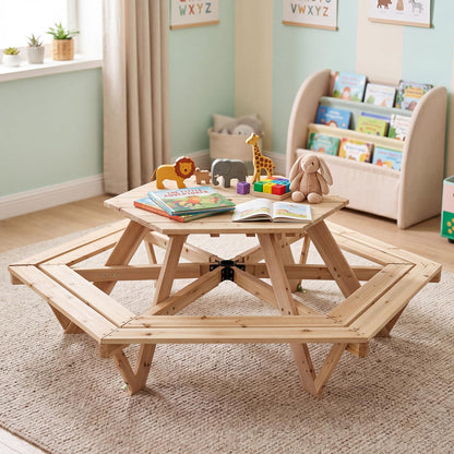 6 Seat Kids Picnic Bench Set with Removable Adjustable Umbrella