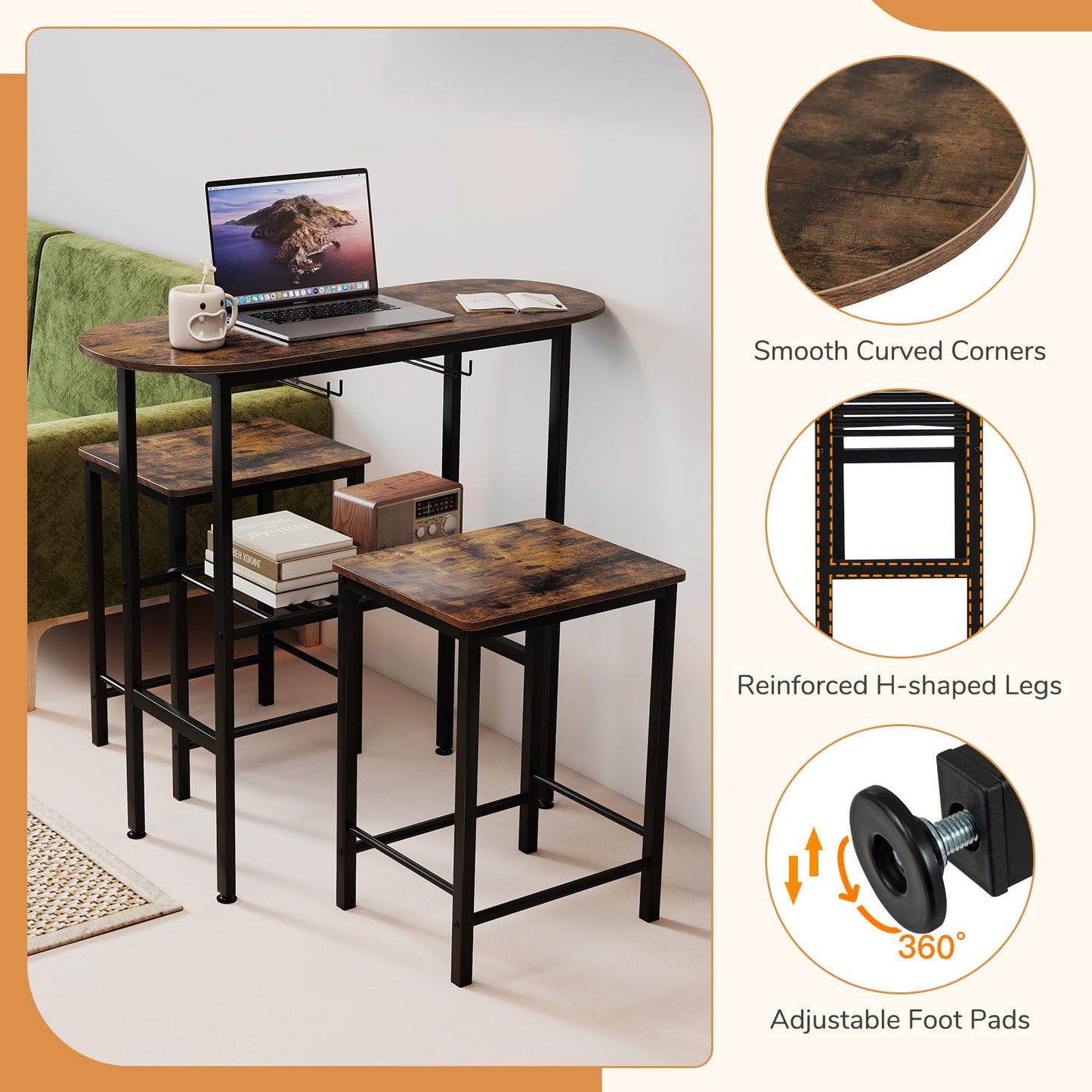 3 Piece Counter Height Table Set Oval Dining Table and 2 Stools