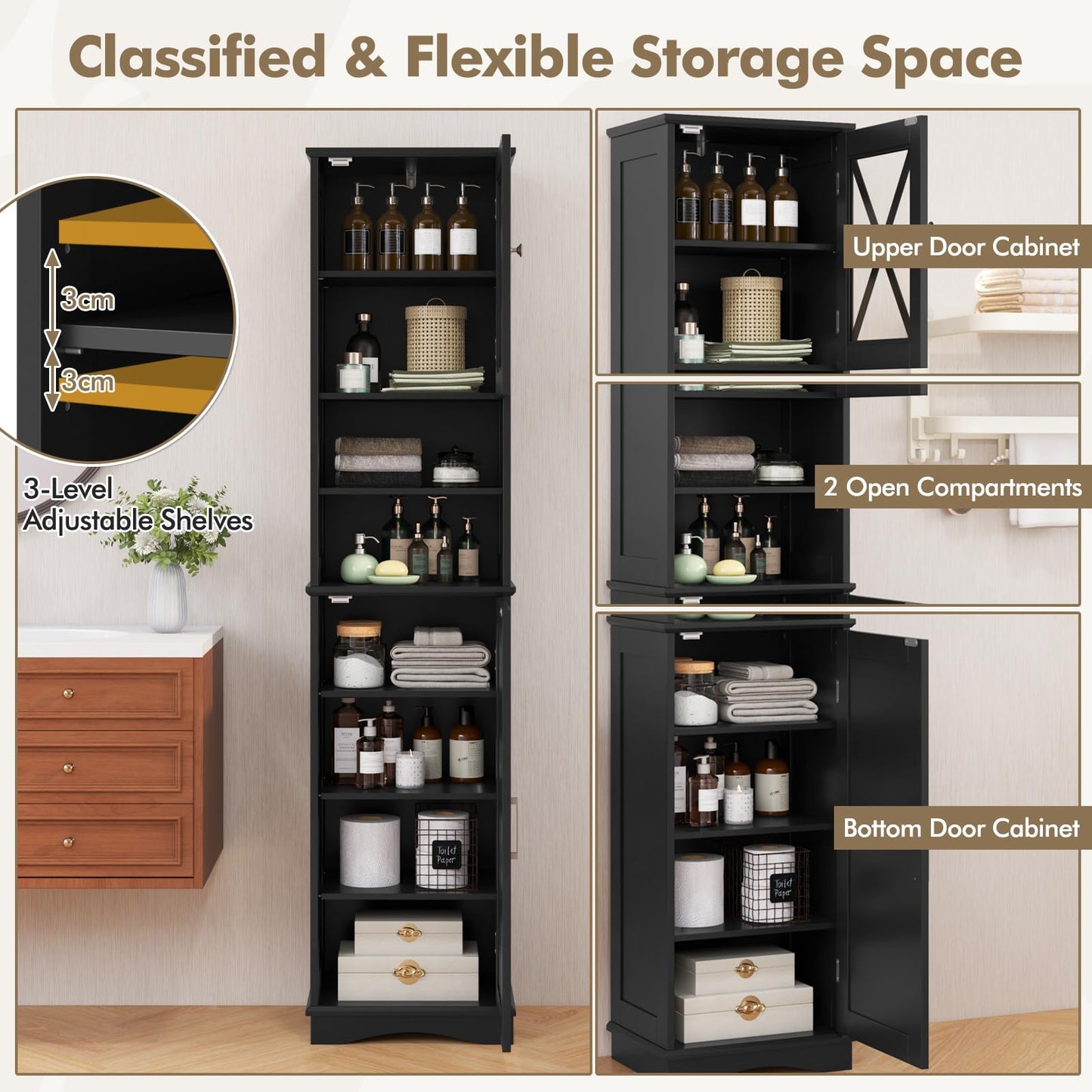 Freestanding Storage Cupboard with 5 Adjustable Shelves and 2 Doors