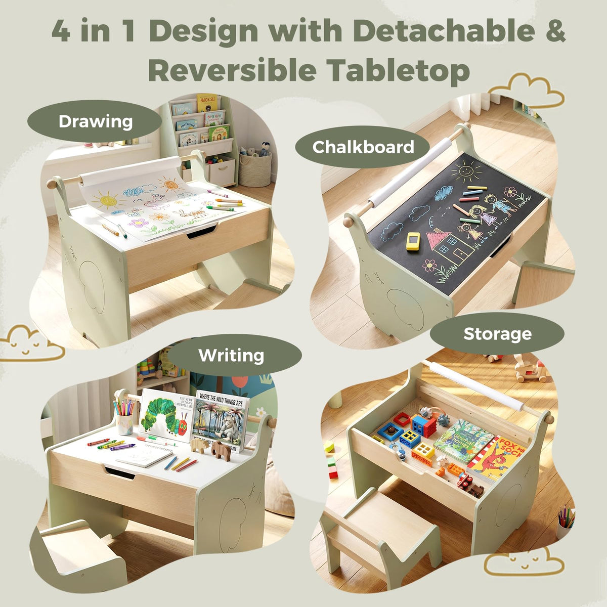 Kids Art Table and Chair Set with Paper Roll for Drawing