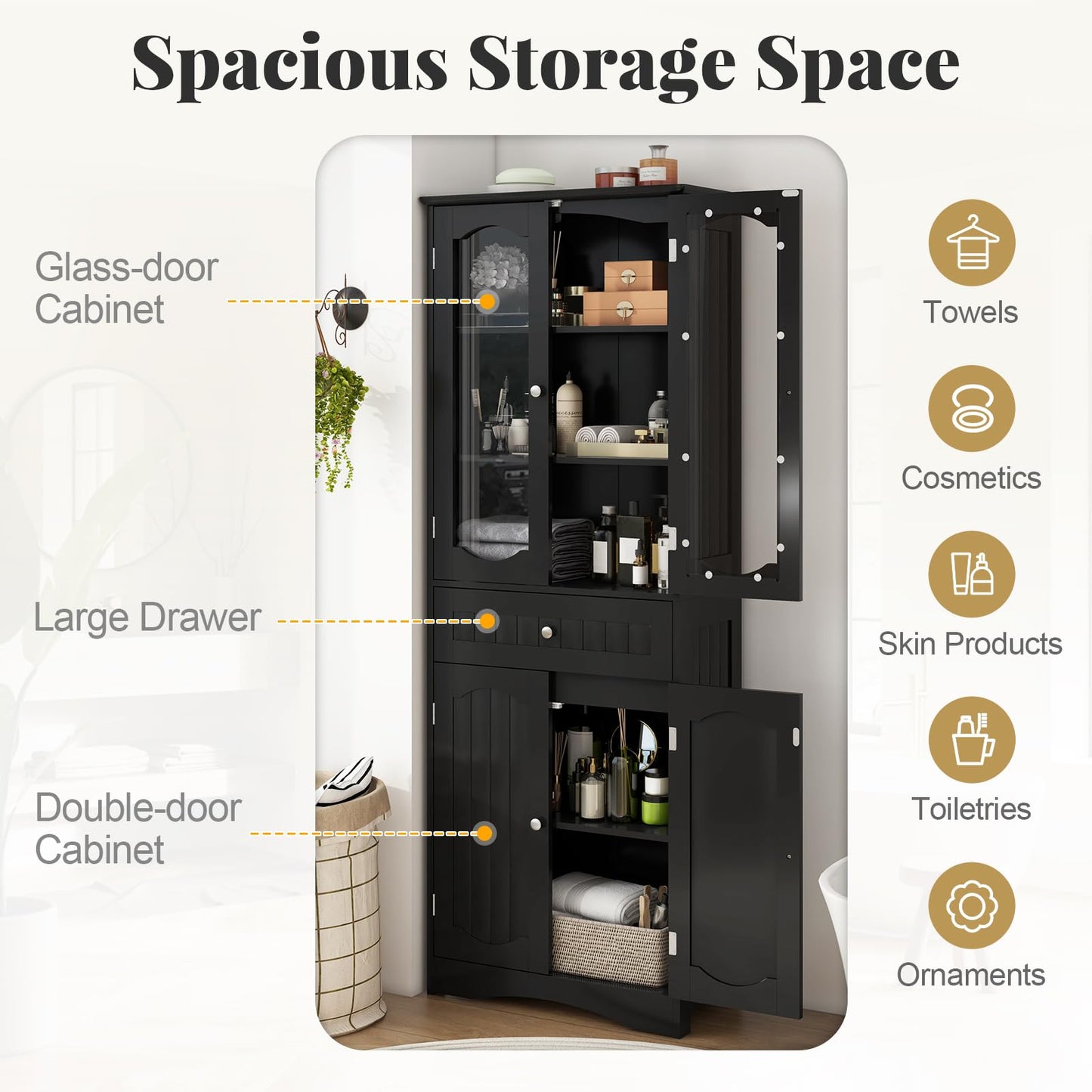160cm Freestanding Linen Tall Bathroom Storage Cabinet with 2 Glass Doors