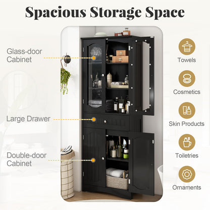 160cm Freestanding Linen Tall Bathroom Storage Cabinet with 2 Glass Doors